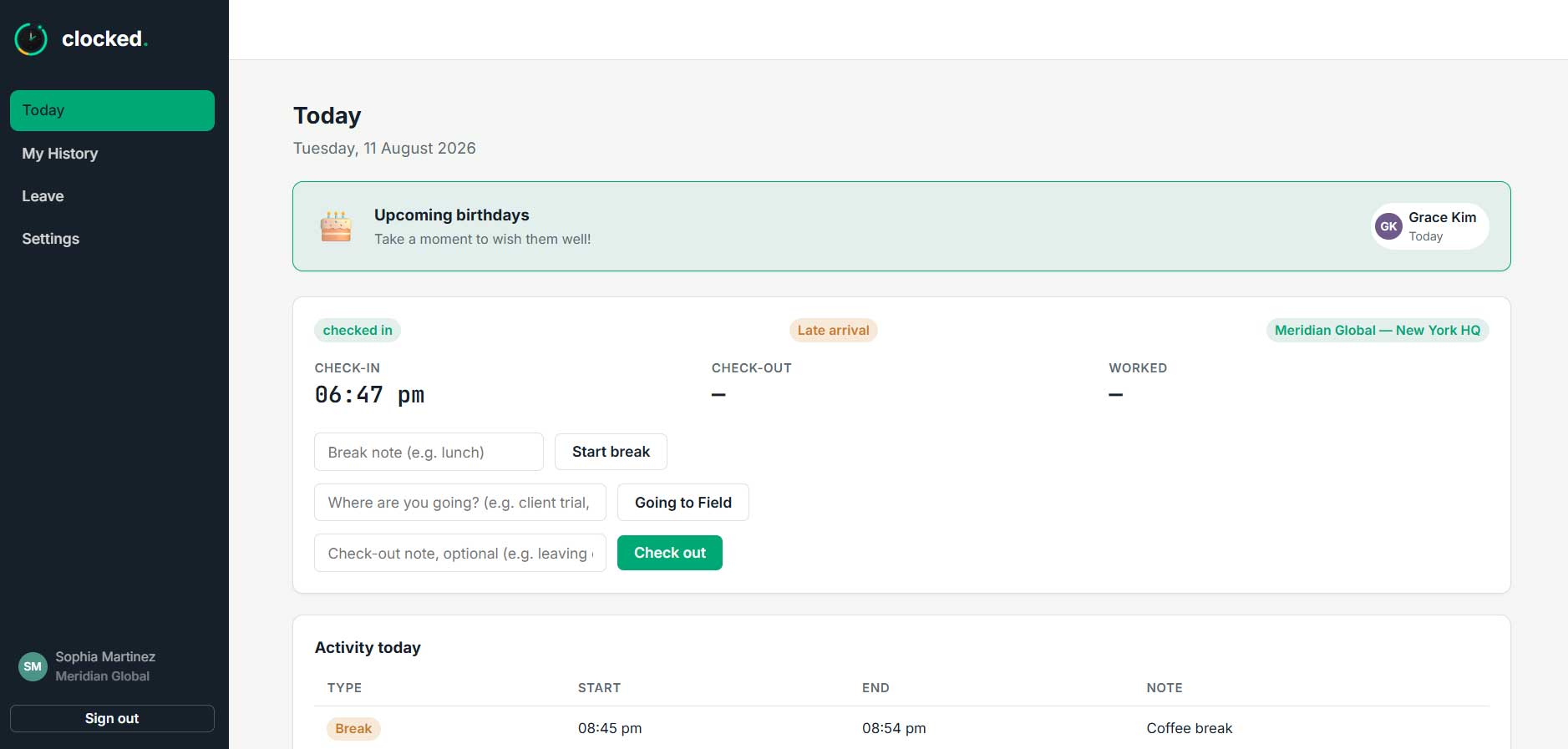 An employee's own Today view in Clocked Live: check-in time, late-arrival flag, office location, break and field-trip controls, and today's activity log